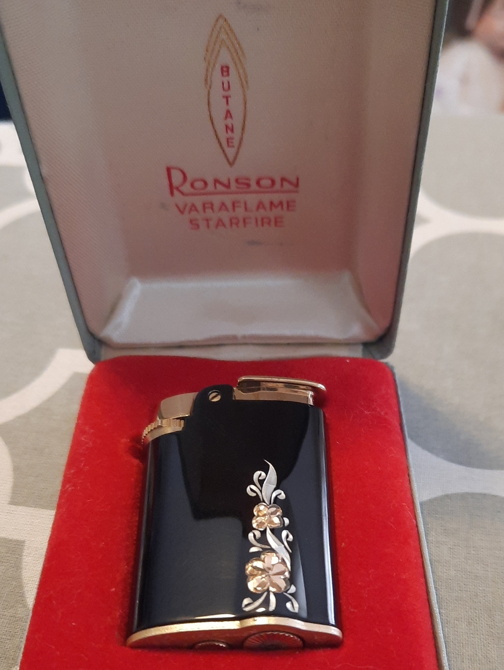 Ronson Black and Gold Floral Pocket Lighter